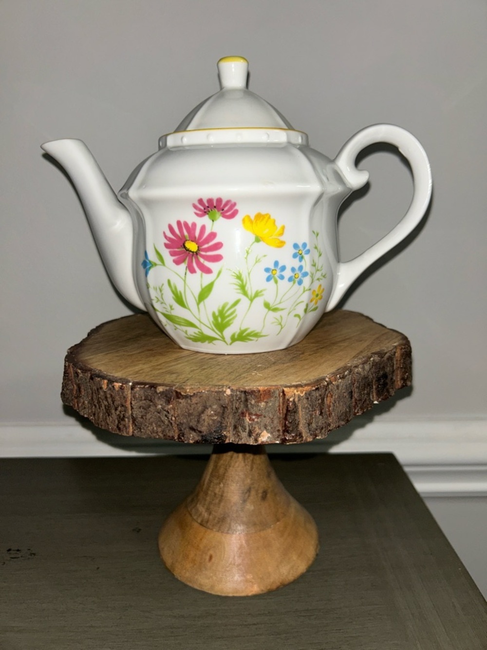 White Floral Ceramic Teapot with Pink, Yellow & Blue Flowers